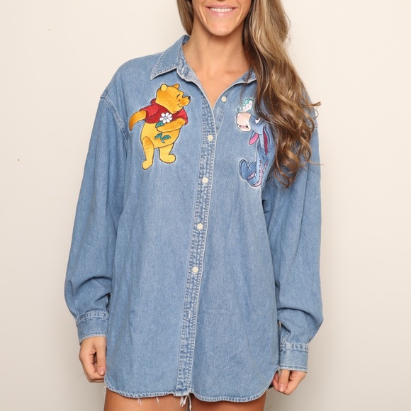 Disney Tops - Vintage 1990s Disney Winnie the Pooh Embroidered Denim Shirt Sz XL
